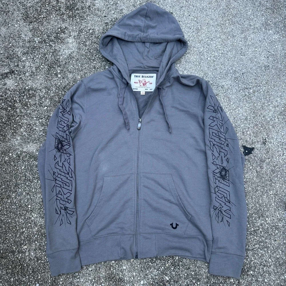 True Religion Mens Gray Graphic Sleeve Full Zip Hoodie Sweatshirt Size M